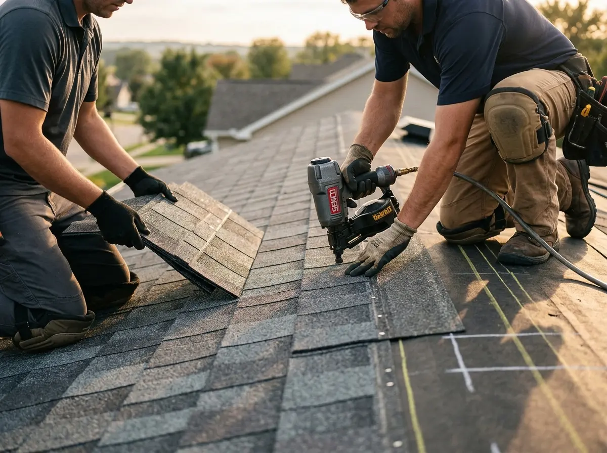 Professional roofer working on a residential roof in Upper Freehold